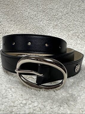 Black Vegan Leather Belt with Shiny Silver colored Oval Buckle, ‘SW” Logo NWOT L